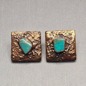 VTG Bell Trading Post Copper Clip-On Earrings Turquoise Brutalist Square